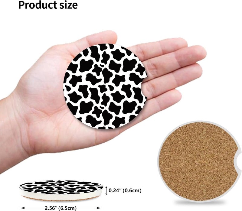 Adastrah Cute Cow Print Animal Themed Black and White Ceramic Cup Holders Car Coasters Set for Women/Men,Drink Cup Car Holder Coasters with A Finger Notch 2.56" Pack of 2 - Image 4